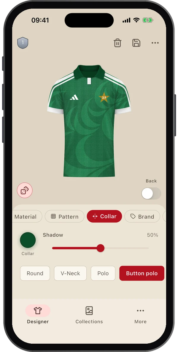 Green cricket shirt with an Adidas logo, a Pakistan team logo and a button polo collar selected in the Collar tab