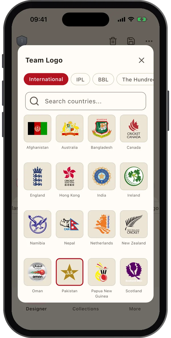 Team logo picker showing international cricket teams including England, India, Australia, Pakistan and New Zealand