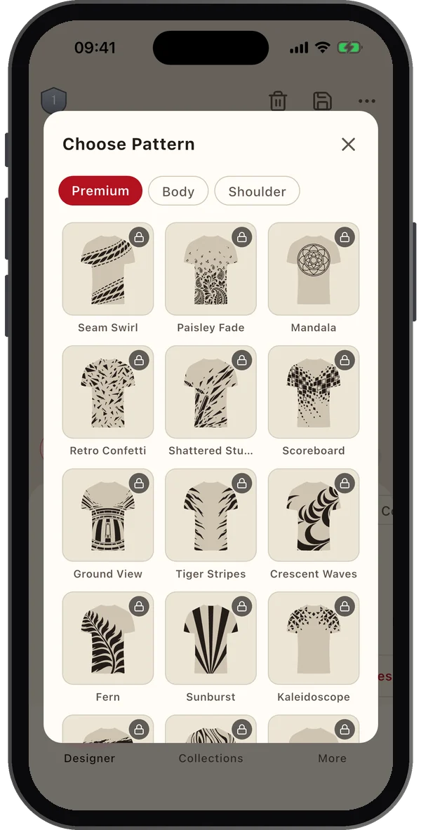 Pattern picker with seam swirl, paisley fade, mandala, tiger stripes and fern cricket shirt patterns
